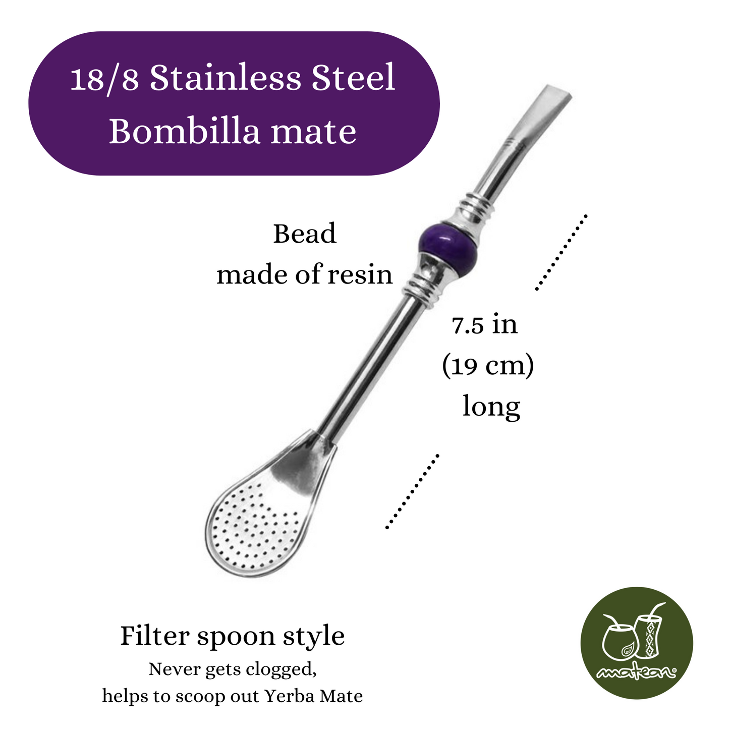 Stainless steel Bombilla to drink Yerba Mate | Stylish resin bead & ergonomic design | 7.5 in / 19 cm Long