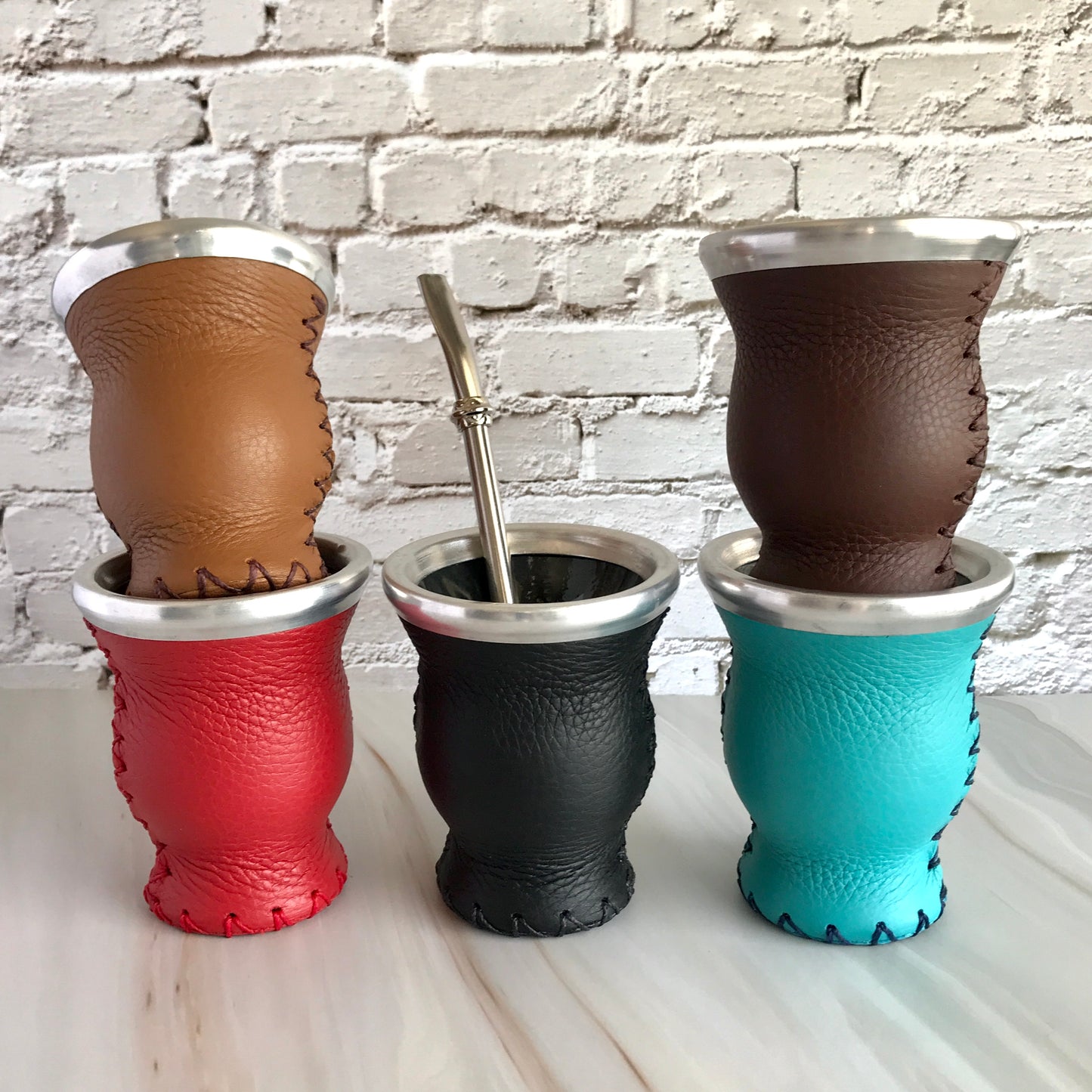 Stainless Steel Yerba Mate Cup With Authentic Leather light & Dark