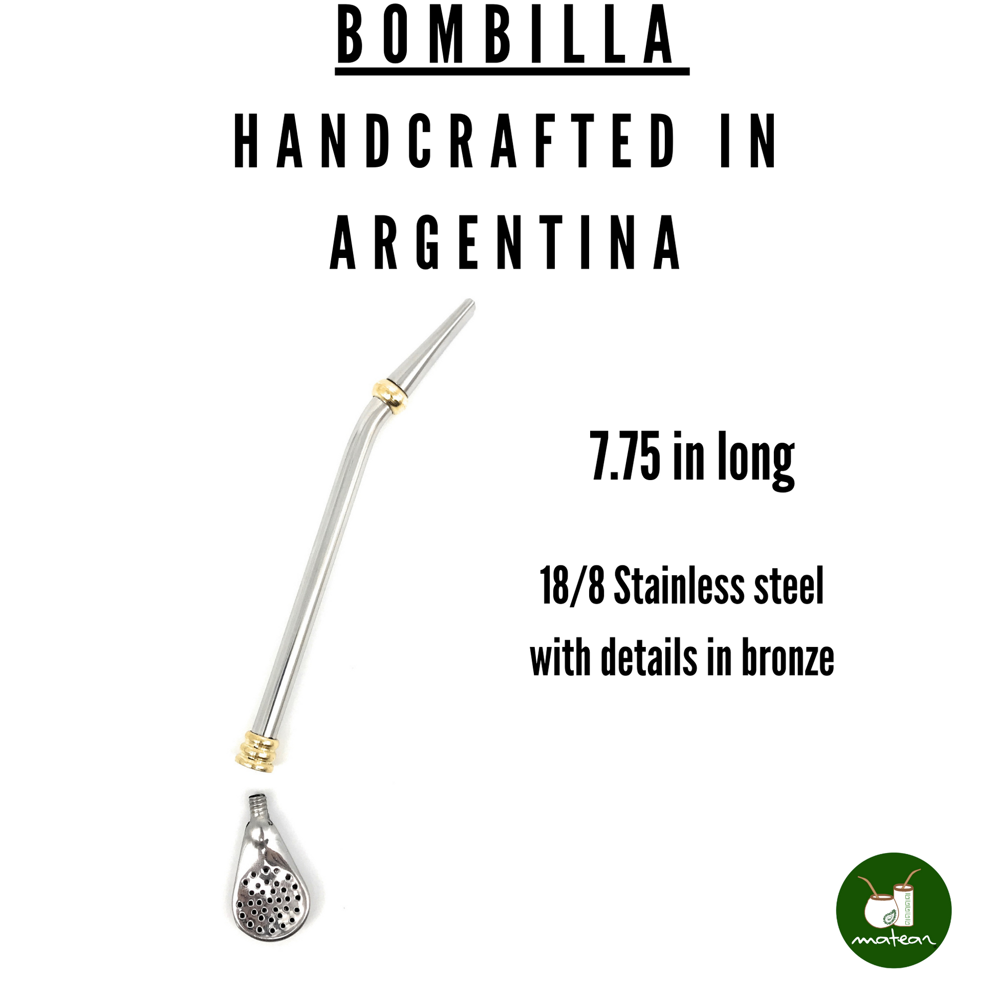 PREMIUM Handcrafted bombilla | Made in Argentina for yerba mate drinking |  18/8 stainless steel & bronze large mate straw | Removable spoon style