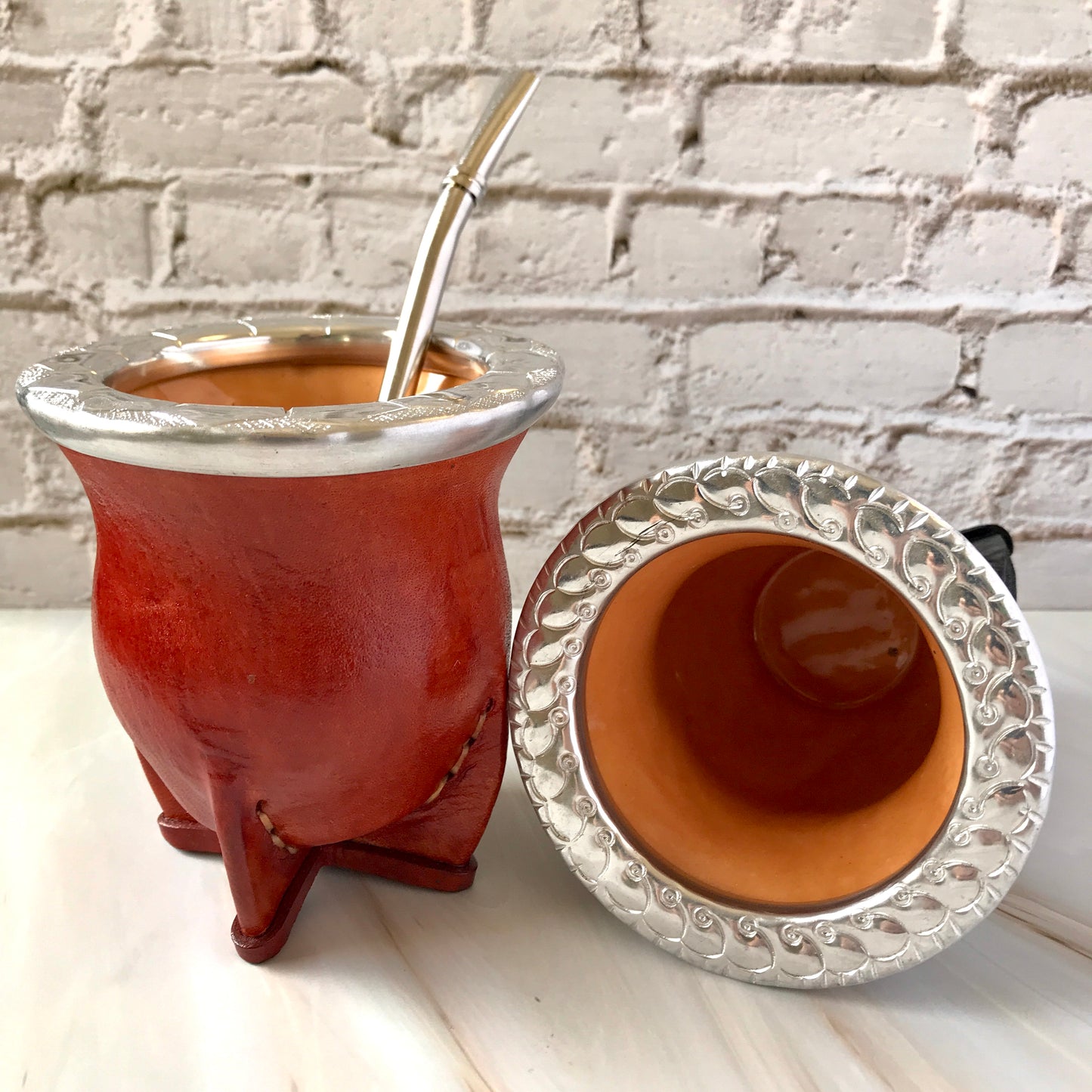 Handcrafted Leather mate cup & bombilla set (Ceramic)